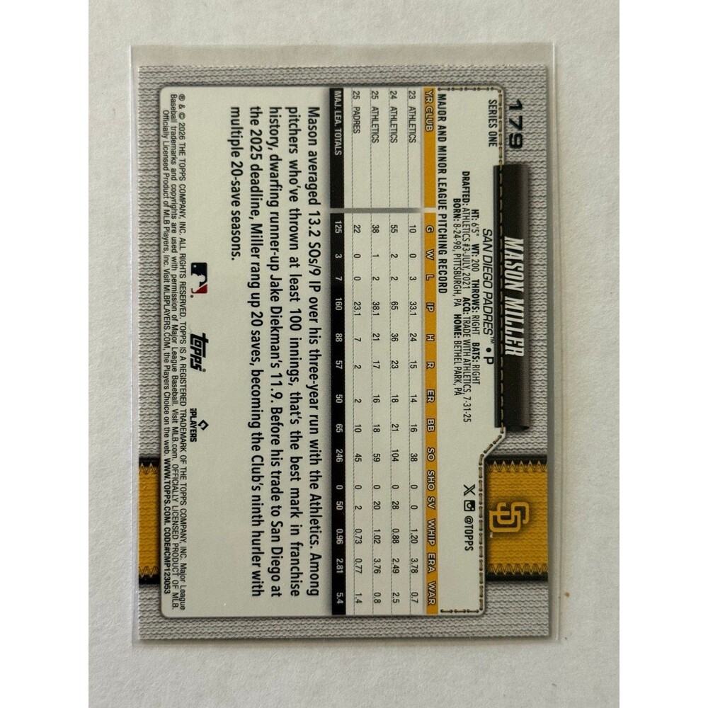 2026 Topps Series 1 - Silver Crackleboard Holofoil Pink #179 Mason Miller A’s - Picture 2 of 2